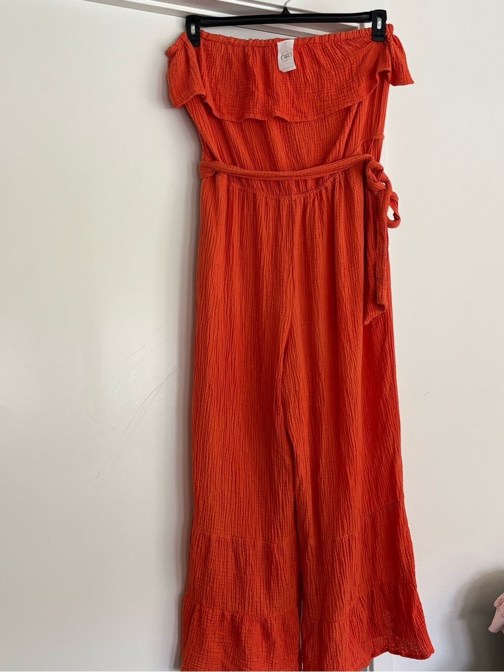 Off-Shoulder Orange Jumpsuit with Tie Waist